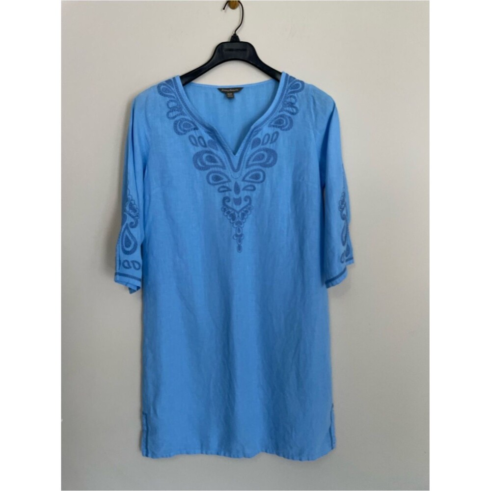 Tommy Bahama embroidered V-Neck Tunic Dress 100% Linen Size M Medium